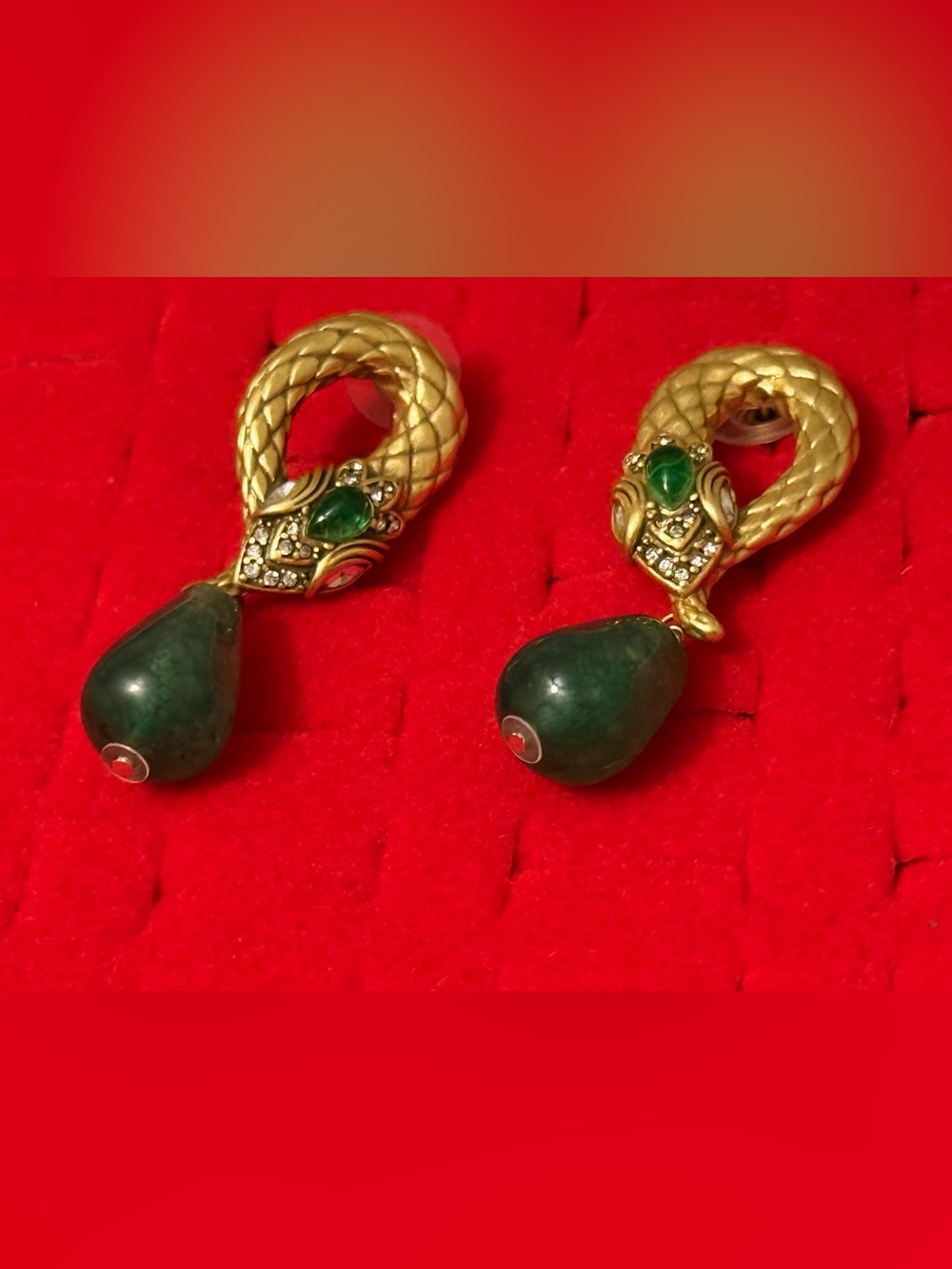 Gold-Tone Snake Drop Earrings with Green Teardrop Stones